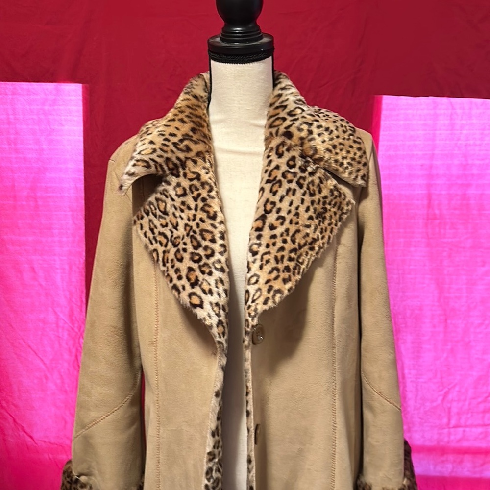 Leopard print fur and suede full length coat